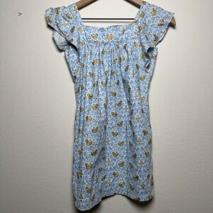 Smiling Button Girls Cotton Dress 10 Blue Gold Bird Print Flutter Sleeve‎ Flaw